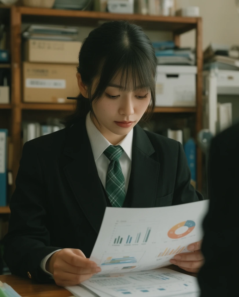A young East Asian woman in a black blazer, white collared shirt, and green plaid tie sits at a wooden desk, holding and looking down at a document filled with charts. The softly blurred background reveals a cluttered wooden shelving unit holding various boxes and binders. The scene is captured with cinematic soft indoor lighting, a shallow depth of field, and a partial over-the-shoulder perspective showing a dark figure on the right edge.