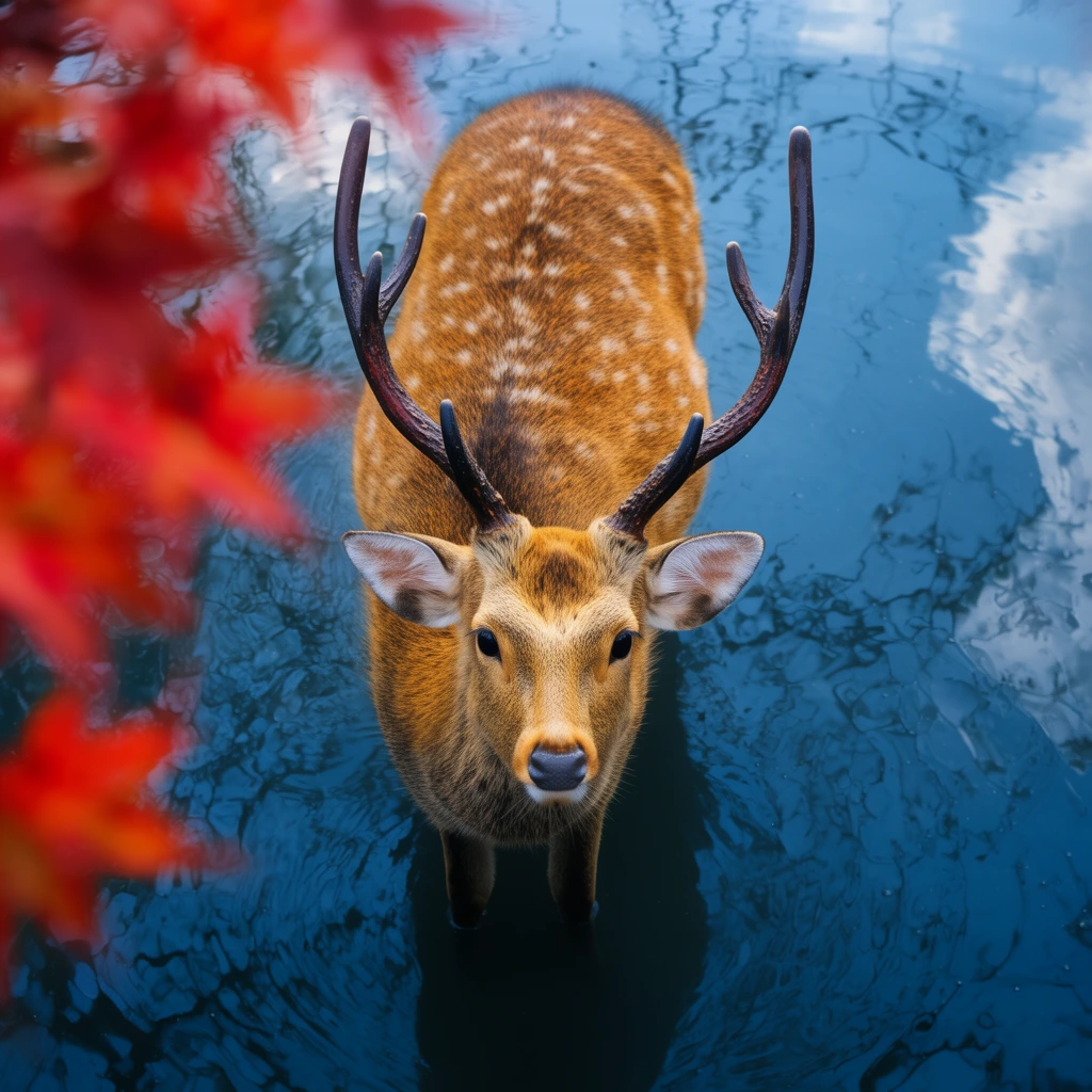 A spotted deer with dark antlers wades in deep blue water, gazing directly upward. Shot from a high angle, blurred bright red autumn leaves frame the left foreground. The rippling water reflects a cloudy sky and bare branches, contrasting cool tones against the animal's warm golden coat.