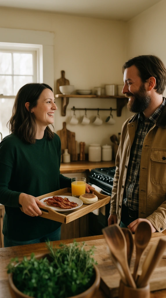 A smiling woman in a dark green shirt holds a wooden breakfast tray with bacon, an English muffin, and orange juice, turning back to share a joyful glance with a bearded man wearing a plaid shirt and tan canvas jacket. They stand in a warm, rustic kitchen featuring cream walls, wooden countertops, a black stove, and hanging white mugs. Soft, natural daylight enhances an earthy color palette of greens, browns, and warm whites. A shallow depth of field softly blurs a bowl of fresh herbs and wooden utensils in the immediate foreground, capturing an intimate, cinematic lifestyle photography composition.