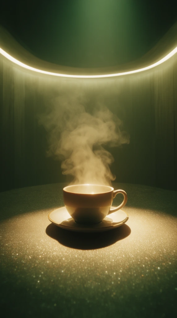 A ceramic cup and saucer sit on a glittering, textured surface, emitting a thick, billowing plume of steam. The scene is symmetrically framed within a curved alcove illuminated by a glowing architectural strip light. A warm, harsh spotlight isolates the cup, casting a sharp shadow beneath the saucer while highlighting the swirling vapor. The composition features a cinematic, monochromatic green and gold color grading, creating a moody, ethereal atmosphere defined by deep volumetric lighting and stark contrast between the luminous foreground and the dark background.