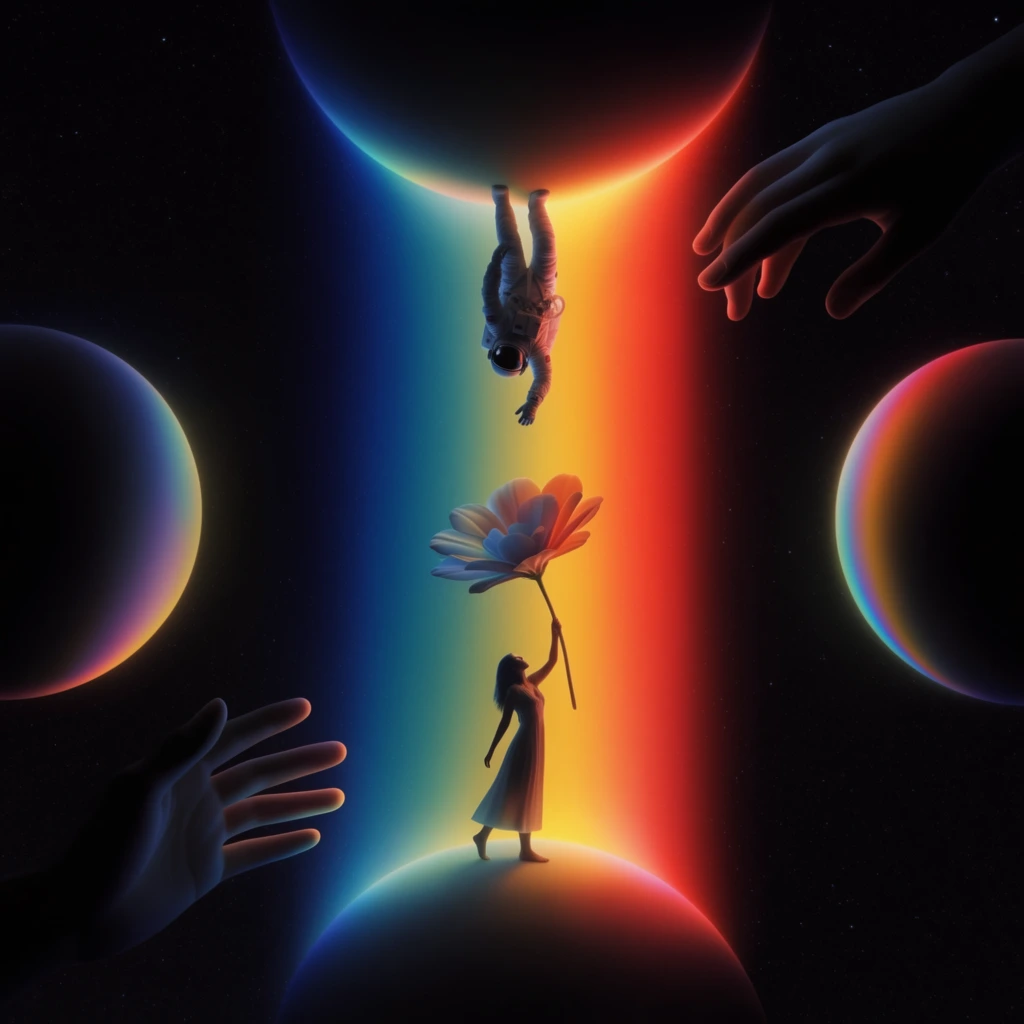A cosmic scene illuminated by a single, intense, vertical shaft of volumetric prismatic rainbow light cutting through a deep, pitch-black starry space background. A large planet occupies the upper section, supporting an astronaut hanging upside down with an arm reaching toward the center. Directly below, a woman in a flowing dress stands on a lower planet, reaching upward to hold a massive flower. The left and right sides of the composition each feature an additional planet. A colossal hand extends inward from the top right corner, matched by a second large hand reaching from the bottom left. The dramatic, high-contrast chiaroscuro lighting focuses illumination strictly on these elements, with the central vertical beam transitioning horizontally in a smooth, vibrant gradient from deep cyan and blue on the left, through bright yellow and orange, to saturated red on the right. This soft, radiant column of light casts glowing, spectral highlights that wrap smoothly around the sleek, minimalist, matte contours of the planets, figures, petals, and hands, defining their three-dimensional volumetric shapes against the expansive, dark negative space.
