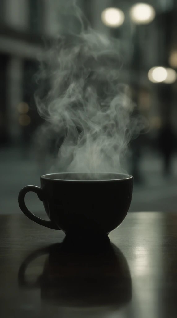 A silhouetted teacup rests on a polished wooden surface, releasing a thick, intricate plume of ethereal swirling steam. The cinematic composition uses a shallow depth of field, blurring the urban night background into smooth bokeh with large, glowing circular streetlights. A muted palette of desaturated slate green and deep charcoal shadows defines the moody atmosphere. Soft ambient light highlights the vapor's ghost-like texture and creates a crisp, dark reflection of the cup on the sleek table.