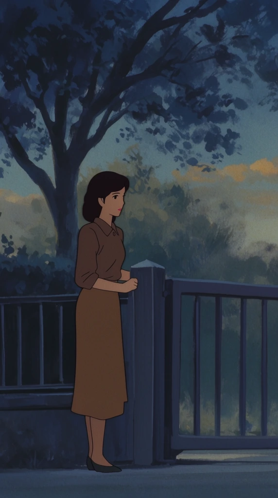 A woman standing at a gate near a sprawling tree, rendered in a vintage 1980s Japanese cel-shaded animation aesthetic. The woman is illustrated with flat, opaque color blocks and thin, precise dark linework typical of traditional character cels, colored in muted earth tones. She stands beside a structured gate, framed by the organic, softly rendered forms of a large tree. The environment transitions into a hand-painted, impressionistic gouache matte background featuring visible, sweeping brushstrokes in the foliage and sky. The color palette consists of low-contrast, muted twilight hues including deep atmospheric blues, desaturated teals, hazy grayish-greens, and soft ochre clouds. Ambient dusk lighting casts cool, flat shadows across the scene, establishing a moody cinematic atmosphere. The entire composition features a subtle analog film grain, maintaining a classic 2D planar perspective with a distinct visual separation between the crisp foreground character cel and the soft, textured, painted background.