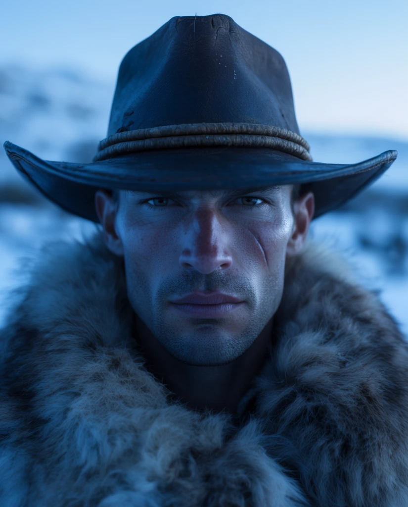 Close-up portrait of a rugged, clean-shaven man with sharp cheekbones and a facial scar. He wears a wide-brimmed leather hat and a thick fur coat. Cold icy blue light illuminates his face against a blurred snowy tundra background. Cinematic photography with shallow depth of field.