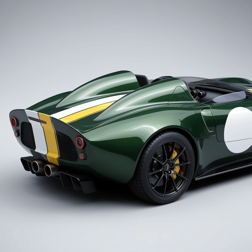 glossy dark green open-top sports car, rear three-quarter angle, twin streamlined rear humps, low-profile wind deflectors, white and yellow racing stripes, blank white side roundel, black multi-spoke wheels, yellow brake calipers, black rear diffuser, dual exhaust pipes, seamless light gray studio backdrop, photorealistic automotive rendering, sleek reflective surface