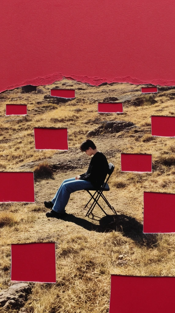 A mixed-media collage features a person sitting on a black folding chair in a dry, golden-brown grassy field beneath a solid crimson sky. The figure wears a black long-sleeve shirt and blue jeans, gazing downward while casting a stark shadow on the rugged earth. The sky is formed by flat, textured red paper with a jagged, torn edge overlapping the photographic landscape. Across the terrain, numerous scattered rectangular cutouts pierce the photograph, revealing the same vibrant flat red background underneath. This surreal technique creates a fragmented aesthetic, juxtaposing the realistic, sunlit textures of the rugged hillside with bold, stark geometric voids distributed randomly across the composition.
