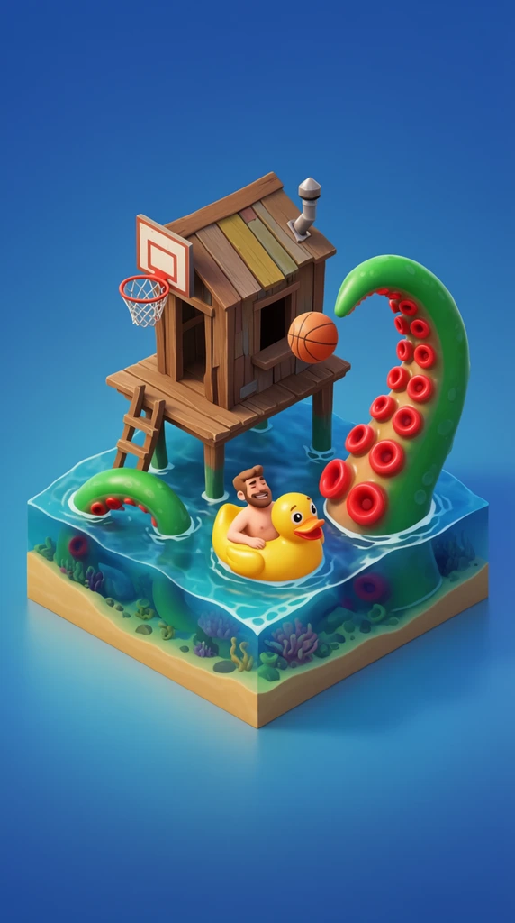 isometric 3D diorama of an ocean cross-section, small wooden stilt shack with a basketball hoop, giant green tentacle with red suction cups emerging from the water tossing a basketball, man relaxing in a yellow rubber duck float, stylized game art, vibrant smooth shading, clear background