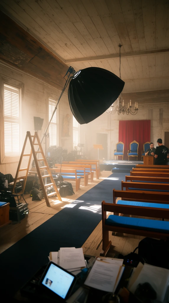A wide interior view of a rustic church aisle cluttered with film equipment. A dark blue carpet divides rows of wooden pews featuring bright blue cushions. Intense sunlight pours through tall shuttered windows, illuminating a wooden stepladder and casting sharp shadows across the floorboards. A heavy black softbox light arches overhead on a boom stand. The background altar displays three ornate blue chairs, a red curtain, and two figures standing near a podium. The lower foreground holds scattered documents and a tablet screen, all bathed in a warm, hazy atmosphere with diffuse highlights.