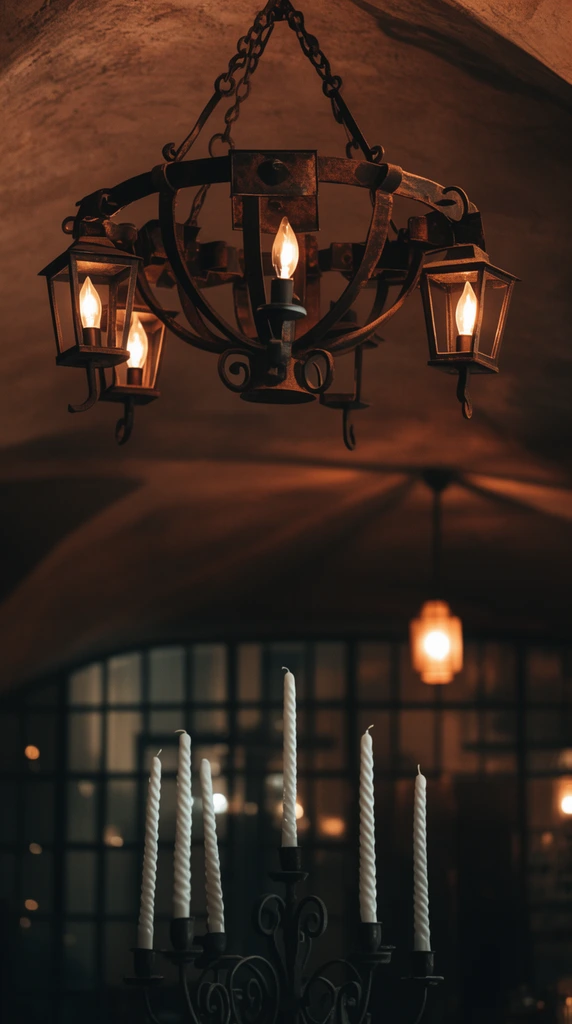 A rustic wrought-iron chandelier with lantern-style fixtures and warm flame-shaped bulbs hangs from a textured arched ceiling. Below sits a dark metal candelabra holding tall twisted white candles. The blurred background reveals a glowing pendant light near a gridded glass wall. Captured from a low angle with shallow depth of field, the cinematic composition features moody lighting and deep warm sepia tones.