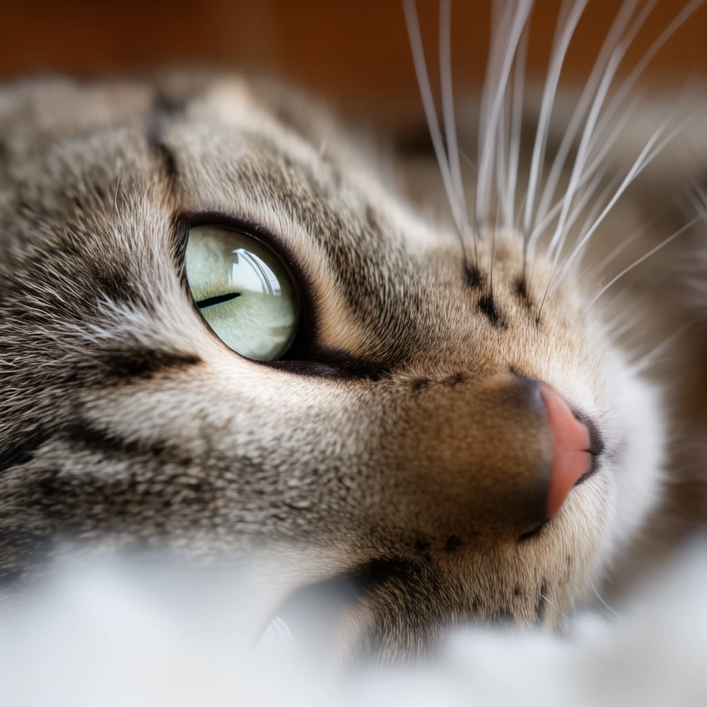 extreme macro close-up of a tabby cat face tilted sideways, sharp focus on a piercing pale green eye with a vertical pupil, intricate brown and grey fur textures, dark eyeliner markings, pink nose profile, delicate white whiskers, glossy cornea with window reflection, extreme shallow depth of field, blurred warm brown background, out-of-focus white foreground elements