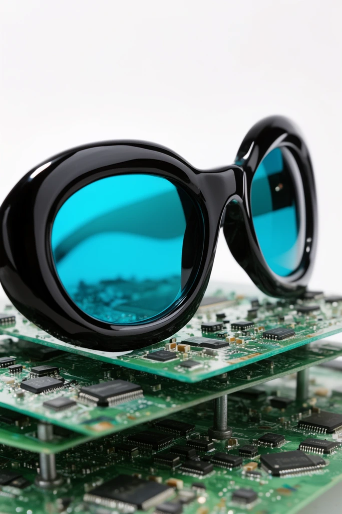 glossy black sunglasses with thick curved frames and vibrant cyan-tinted lenses, resting on layered green printed circuit boards scattered with microchips and electronic components, elevated on metal standoffs, bright white background, macro product photography, crisp focus