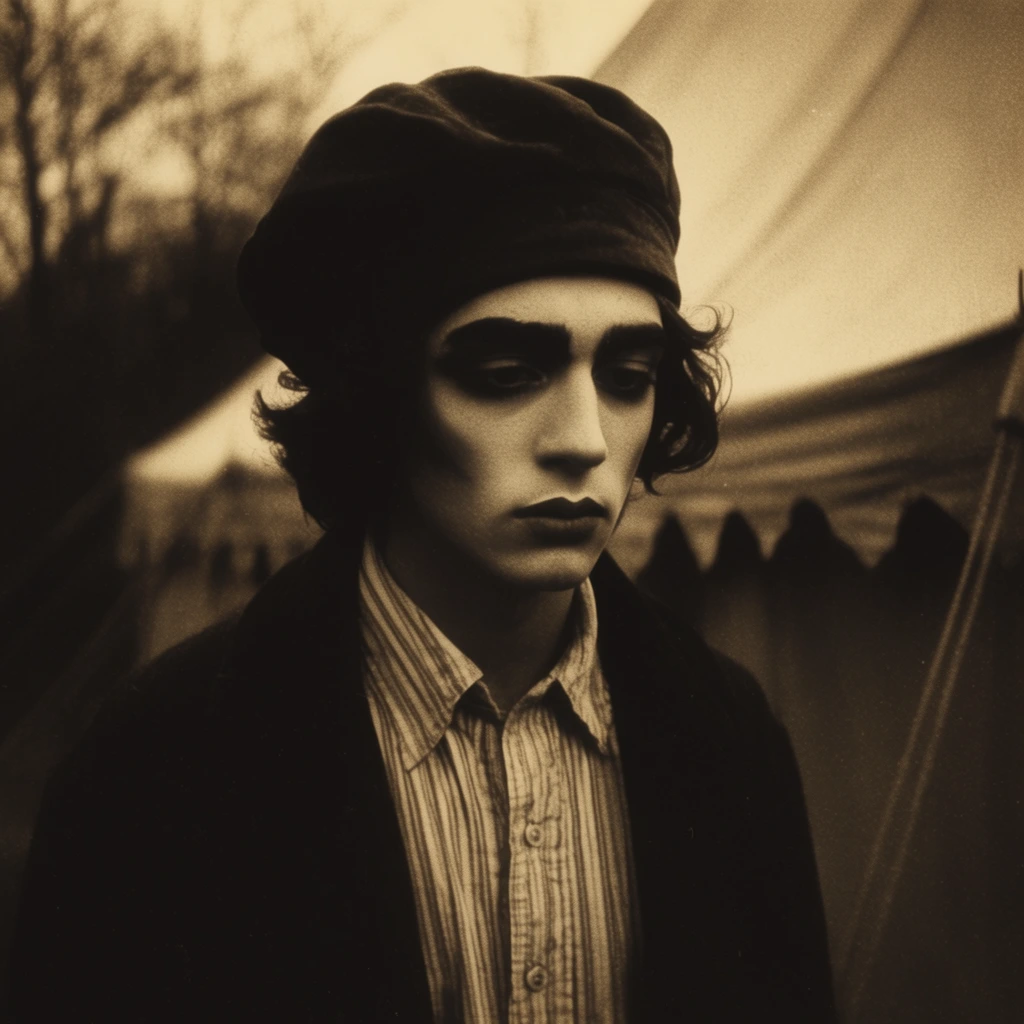 A sepia-toned vintage portrait captures a young person with a melancholic expression standing before a canvas tent. The subject wears a dark, oversized soft cap pulled down over wavy dark hair, a light-colored vertically striped button-down shirt, and a heavy dark coat. The face features theatrical makeup with pronounced dark eyeshadow, thick eyebrows, and shaded lips, emphasizing a downward, contemplative gaze. The background reveals the sharply lit, scalloped edge of a canvas tent on the right and blurred silhouettes of bare trees on the left. The composition employs soft focus and dramatic chiaroscuro lighting that illuminates the right side of the face while casting the left into deep shadows. The visual style features high contrast, rich sepia tones, heavy film grain, and a moody, atmospheric aesthetic characteristic of early cinematography.