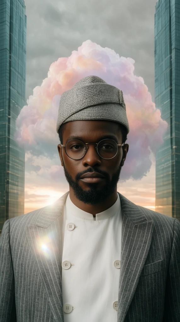 Frontal portrait of a Black man with beard and round glasses, grey textured folding hat, white double-breasted tunic, grey pinstripe blazer, framed by two symmetrical glass skyscrapers, large pastel cloud centered behind head, overcast sky with sunset horizon, chest lens flare, cinematic lighting, surreal symmetrical composition