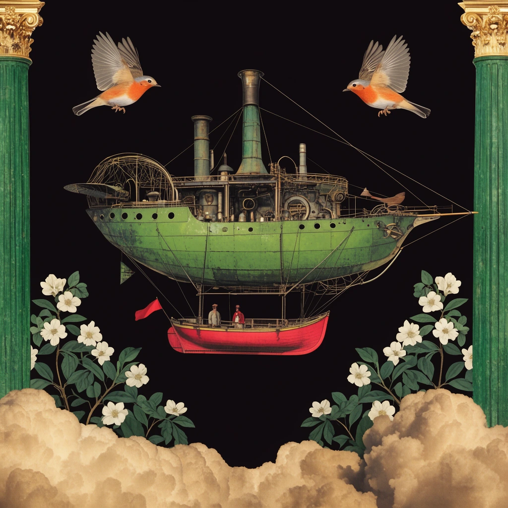 A surreal vintage collage on a black background framed by green columns with gold capitals. Billowing tan clouds line the bottom, sprouting leafy branches with white flowers. Two orange-breasted birds fly near a whimsical green steampunk airship featuring a red boat gondola.