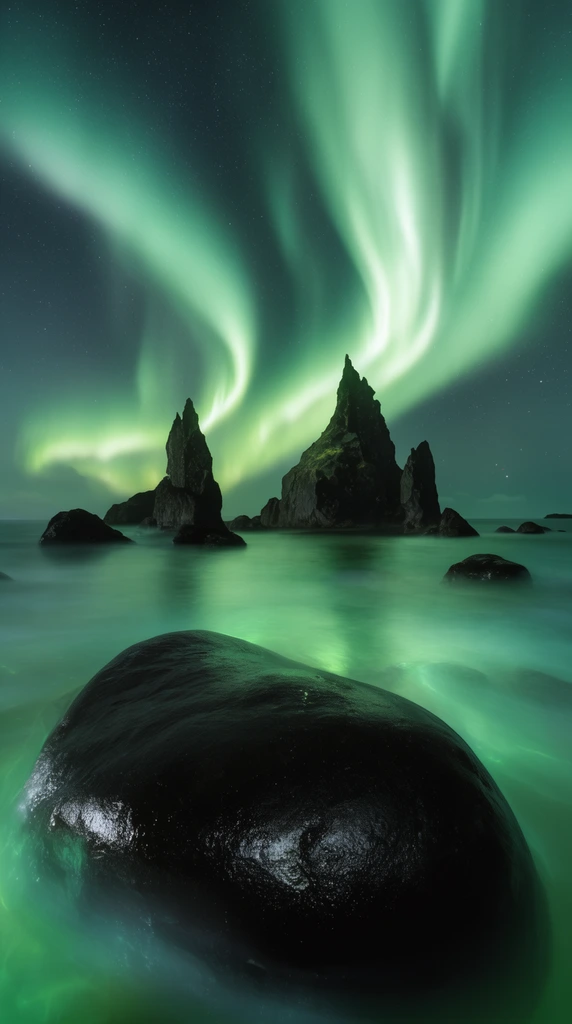 Swirling vivid green aurora borealis arcs across a starry night sky above a long-exposure coastal seascape. The ocean is rendered as a smooth, glowing translucent green mist. A massive, wet, smooth black foreground boulder contrasts with dramatic, jagged dark sea stacks in the tranquil midground water, all illuminated by the surreal, luminous atmospheric neon reflections.