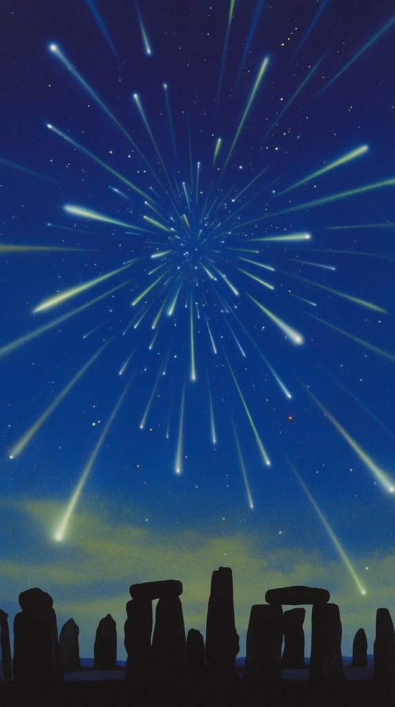 radiant meteor shower bursting from a central point in a deep blue night sky, glowing white and pale green shooting stars with long luminous trails, stark black silhouettes of massive ancient standing stones along the bottom horizon, faint yellowish-green atmospheric haze, scattered distant stars, retro astronomical airbrush illustration, high contrast cosmic scene