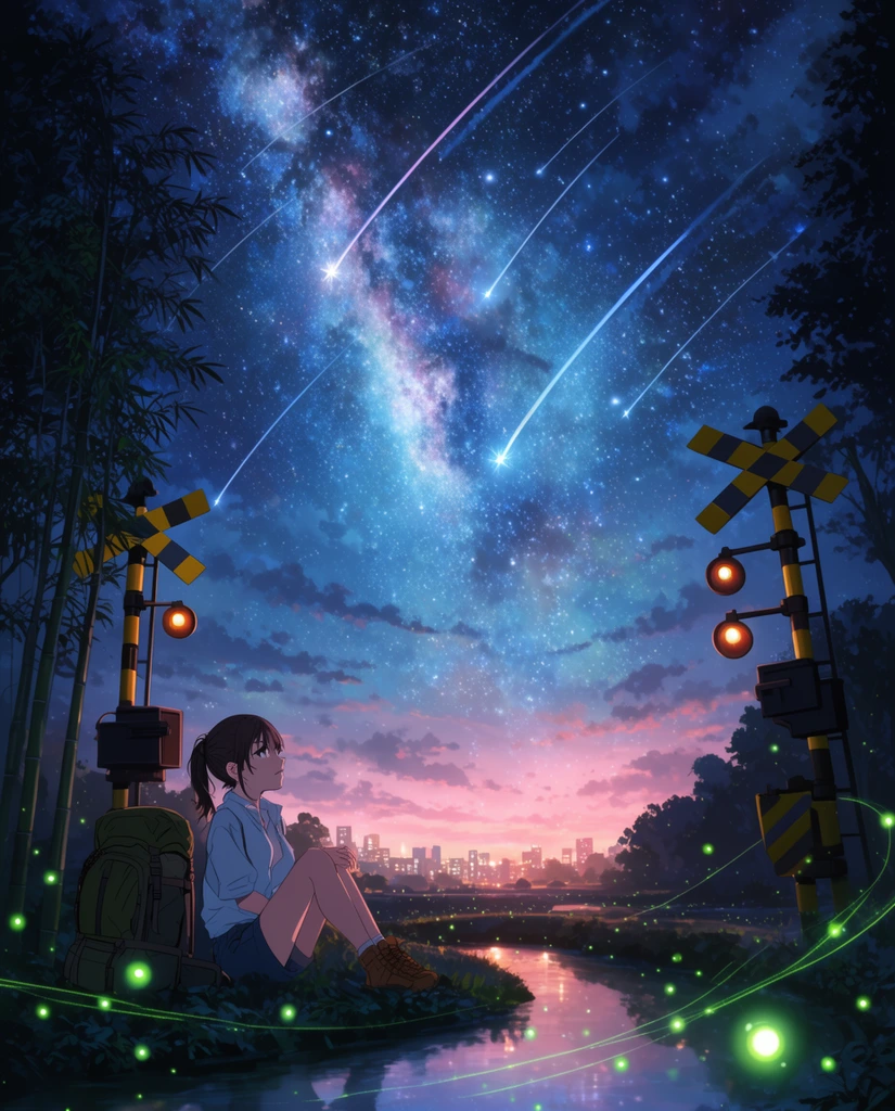 A young woman sits by a reflective stream under a vast Milky Way filled with shooting stars. Silhouetted trees frame the vertical scene. She rests near a large backpack, bamboo stalks, and two yellow-striped railroad crossing signals adorned with hanging lanterns. Glowing green fireflies leave curving light trails in the dark foreground. A distant city skyline radiates warm pink and orange sunset hues, contrasting with the deep blues of the cosmic anime-style night sky above.