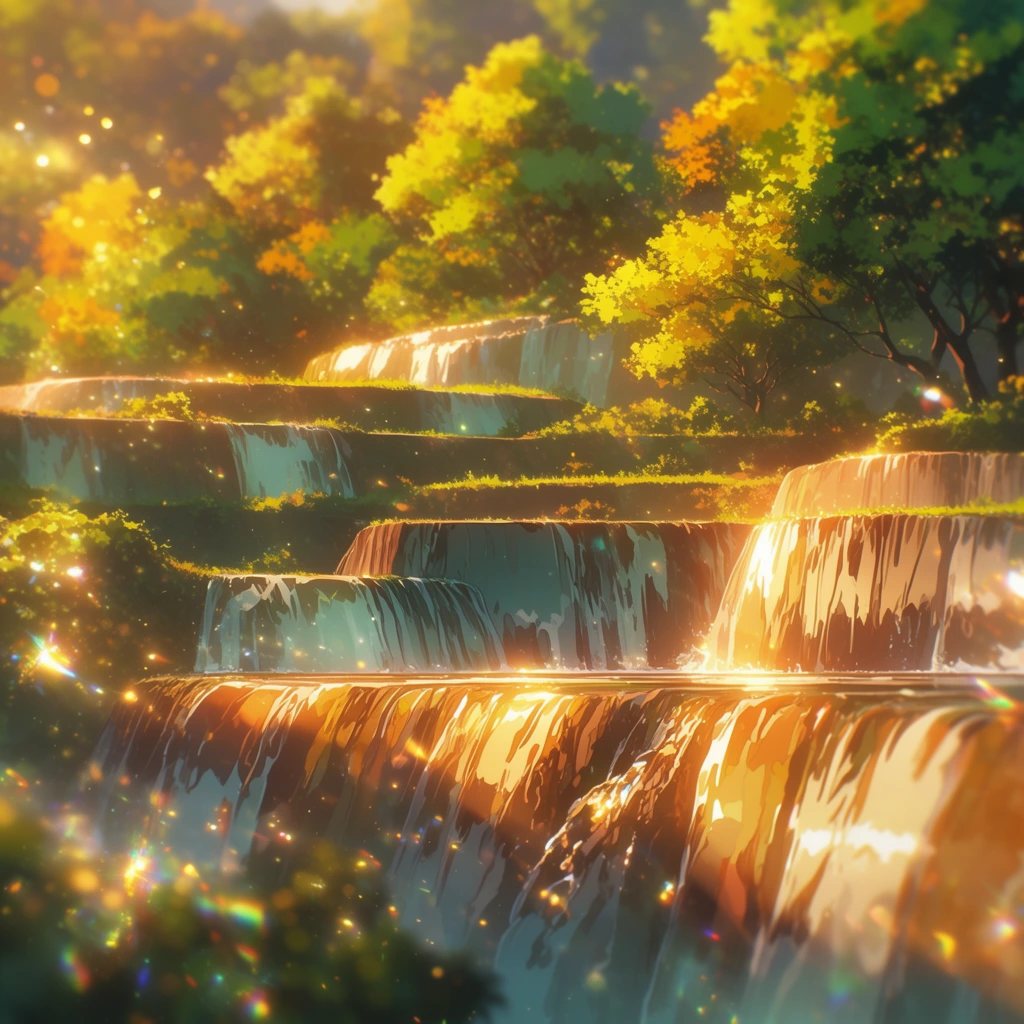 A terraced landscape with cascading waterfalls and lush trees rendered in a high-fidelity digital anime illustration style. Dramatic golden hour sunlight washes over the scene, casting intense, luminous rim lighting along the edges of the terraced steps and foliage. Vibrant, hyper-saturated hues of warm amber, blazing yellow, and emerald green contrast with cool, shaded teal recesses. The cascading waterfalls feature glossy, reflective highlights, flowing down crisp, meticulously lined geological formations softened by painterly gradient shading. Glittering light particles, glowing dust motes, and sharp prismatic lens flares float dynamically through the foreground atmosphere. The background dissolves into a soft, cinematic bokeh blur, focusing intense, glowing clarity on the central terraced water features and the surrounding vibrant tree canopy.