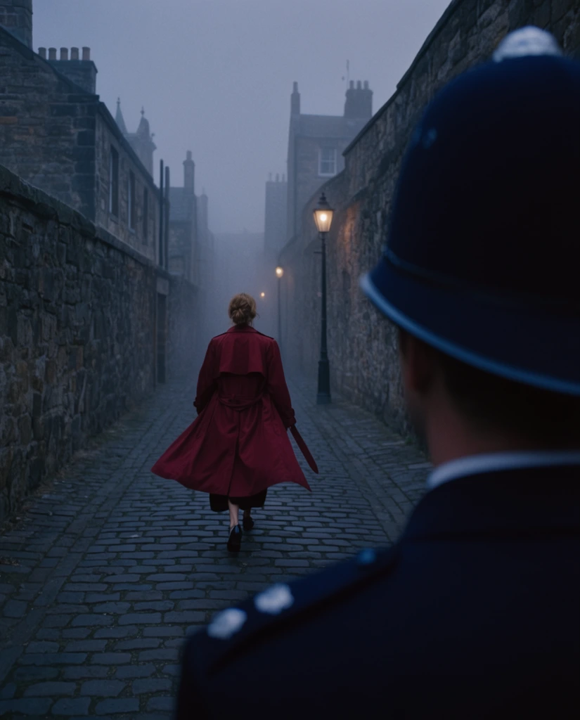 A cinematic over-the-shoulder shot down a foggy cobblestone alley at dusk. A woman in a flowing crimson trench coat walks away into the mist. In the extreme right foreground, the massive out-of-focus dark blue shoulder of a Victorian police uniform dominates the frame, creating a voyeuristic perspective. Deep focus centers on the distant figure, flanked by towering stone walls and gas lamps. Captured on 35mm film with anamorphic framing, muted twilight blues, and a tense atmosphere.