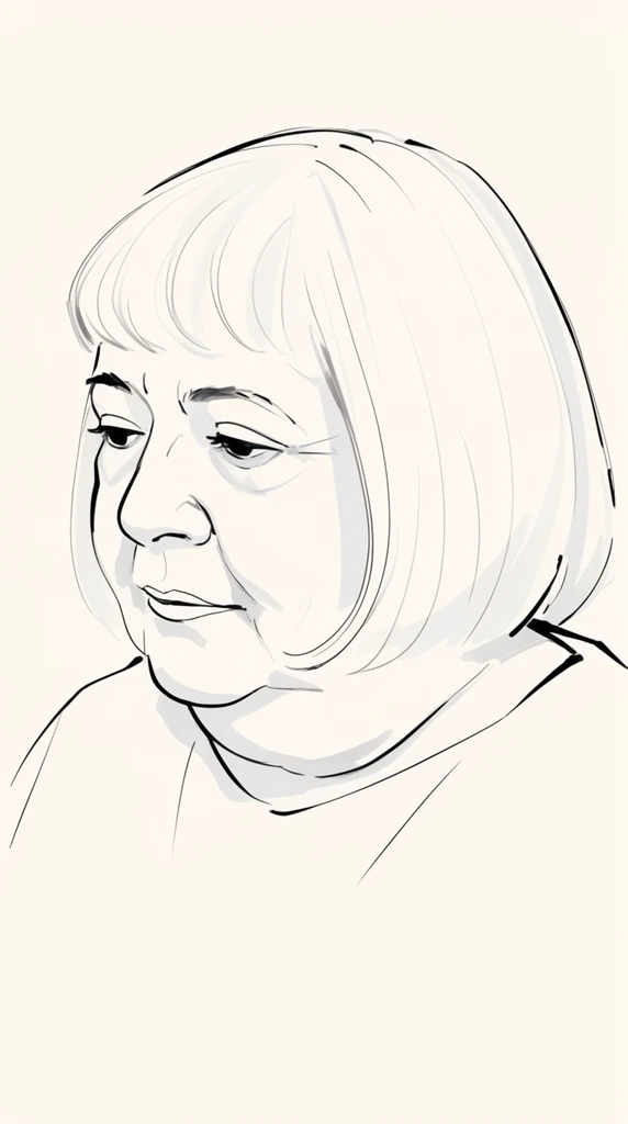 A minimalist digital line art portrait of an older woman with a round face and a short straight bob looking downwards. Fluid black strokes define her features against a stark cream background, accented by subtle light gray shading.