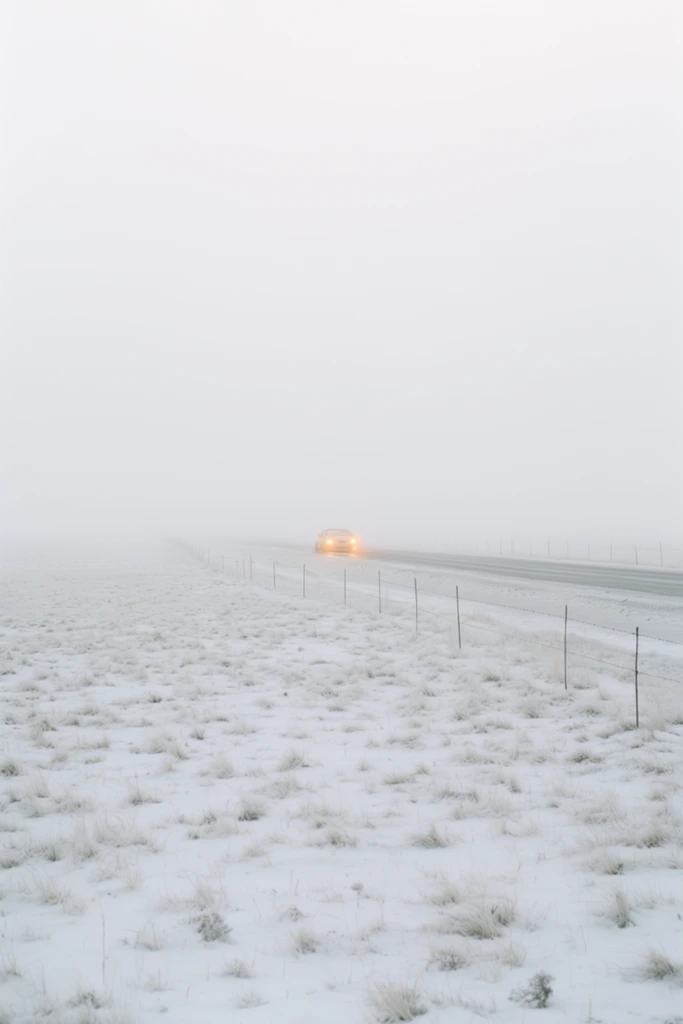 desolate winter landscape engulfed in heavy white fog, glowing orange headlights approaching in the distance on a rural road, thin wire fence cutting across patchy snow-covered ground, sparse pale grass, minimalist high-key photography, vast atmospheric negative space, stark whites and soft grays, cinematic isolation