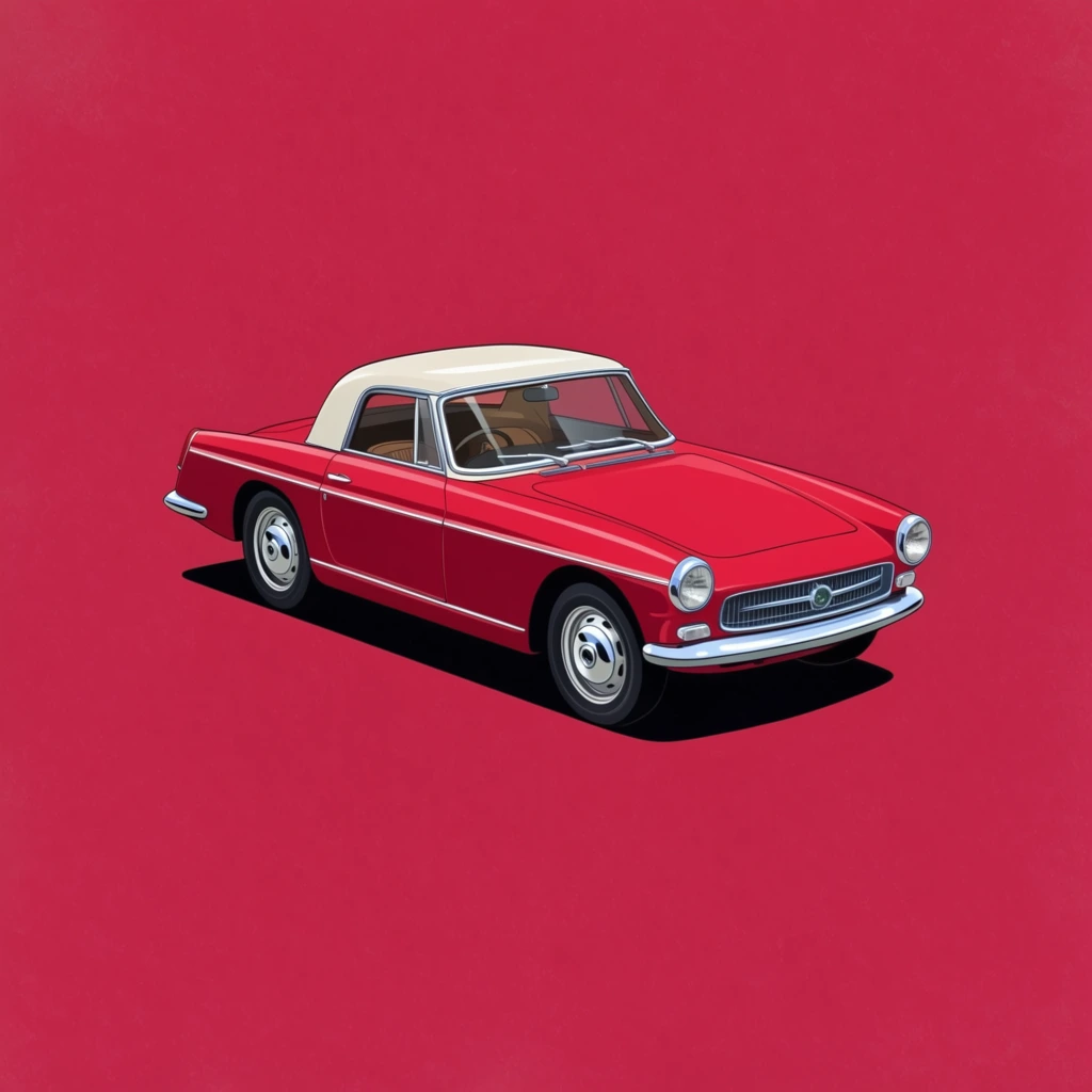 A classic red and white two-door sports coupe sits in an isometric three-quarter perspective against a solid, lightly textured crimson background. The vintage automobile features a bright red body that closely matches the backdrop, visually separated by an off-white hardtop roof and gleaming chrome accents on the bumpers, side trim, wheel hubs, and window frames. The front fascia displays round headlights and a wide horizontal grille centered with a circular metallic badge. Inside the cabin, a dark tan interior and steering wheel are visible through clear glass windows. A stark, solid black drop shadow pools directly beneath the chassis. Rendered in a crisp digital illustration style utilizing precise linework, flat colors, and hard-edged shading, the minimalist composition draws focus entirely to the sleek, mid-century automotive design isolated within a vast expanse of negative space.