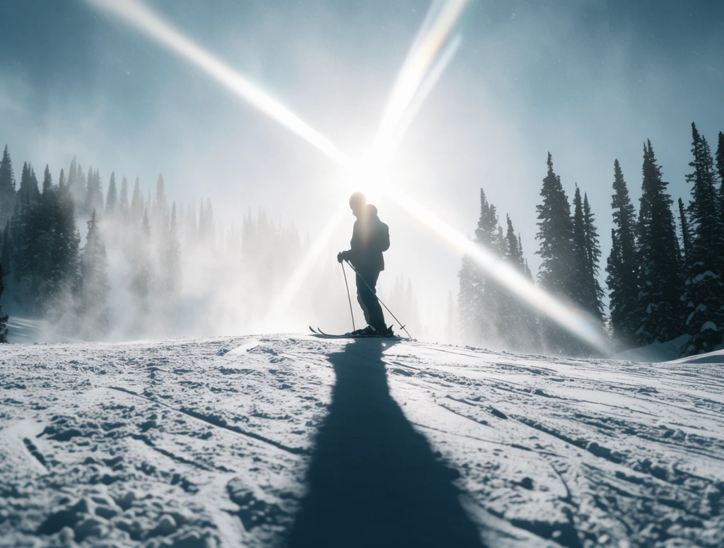 A silhouetted skier stands atop a snowy ridge backlit by a blinding sun, radiating a massive cross-shaped lens flare across a hazy pale blue sky. A long, stark shadow stretches down the heavily tracked, textured snow in the low-angle foreground. Dark evergreen trees line the background ridge, enveloped in glowing atmospheric mist and blowing snow. The winter photography aesthetic features intense high-contrast lighting and cold monochromatic tones.