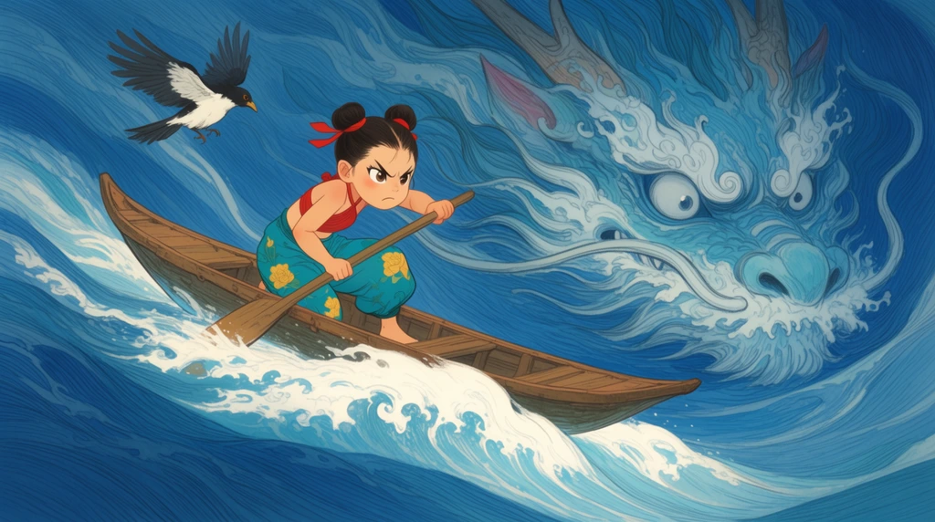 A young girl fiercely paddles a narrow wooden boat through stylized, swirling blue ocean waves that form the profile of a colossal dragon. She features double hair buns tied with red ribbons, a red halter top, and loose teal pants with yellow floral motifs. Gripping a long wooden oar, she leans forward with a determined expression alongside a flying black and white bird. The skiff rides the bright white crest of a surging swell. The background features sweeping, rhythmic water rendered with fine linework reminiscent of traditional East Asian art. On the right, the ocean morphs into a massive dragon face with swirling eyes and a snout made of turbulent water and seafoam. The vibrant oceanic blues contrast sharply against the warm, vivid tones of the defiant central figure.