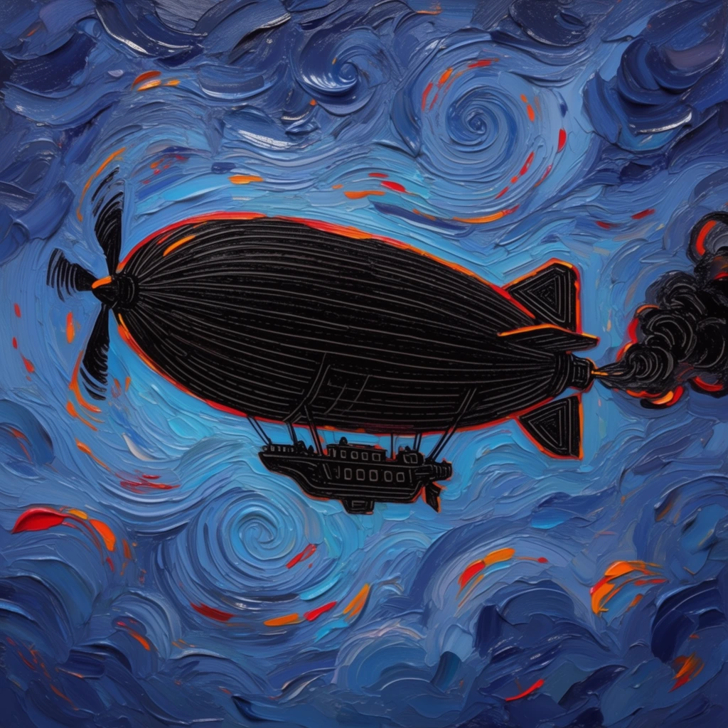 A large airship with a front-left spinning propeller, a suspended bottom gondola, and a right engine emitting thick smoke dominates a cloudy sky, rendered as a highly textured impasto oil painting. The airship, gondola, propeller, and trailing smoke form stark, solid black silhouettes detailed with internal patterns of thin, parallel, contour-following lines. Subtle, vivid dashes of fiery red and bright orange highlight the outer edges of the black aerial forms. The surrounding cloudy sky consists of sculptural, heavily layered strokes of navy, cobalt, and bright cyan paint. These raised ridges of thick paint create tight, swirling, concentric fluid patterns that radiate outward from the airship's central silhouette. Short, isolated streaks of primary red and orange paint are woven into the dynamic blue atmospheric swirls. The entire composition exhibits an extreme, three-dimensional tactile surface with glossy specular highlights reflecting off the prominent grooves of the energetic, highly stylized brushwork.