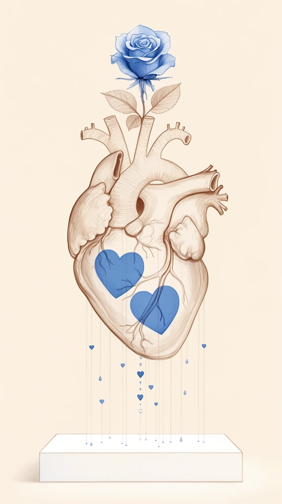 A semi-transparent anatomical heart drawn in delicate brown linework hovers above a rectangular white plinth against a pale cream background. A blue rose sprouts from its top vessels, and two solid blue heart shapes rest inside its transparent chambers. Thin vertical lines extend downward to the base, suspending small blue heart icons and droplets. The clean, architectural drafting style contrasts warm beige tones with cool blue accents.