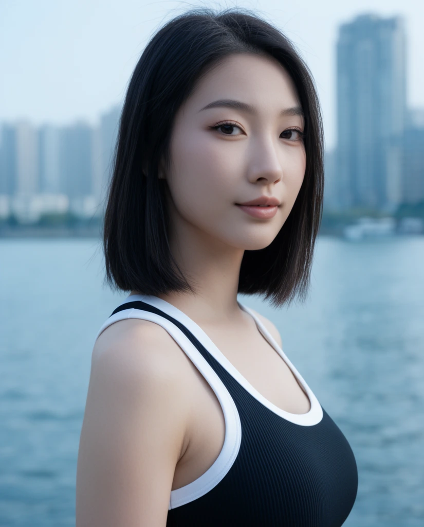 A close-up portrait of a young East Asian woman standing before a hazy waterfront cityscape. She has a straight, dark, shoulder-length bob and a serene expression accented by soft makeup. She wears a ribbed black sports top featuring thick white trim along the scoop neckline and wide straps. Her torso is angled slightly away while her head turns back to look directly into the lens. Behind her, a shallow depth of field blurs a wide expanse of rippling blue water and muted, towering high-rises. Shot in soft, diffused natural daylight, the cool blue and gray color palette emphasizes the crisp contrast of her athletic attire against the tranquil urban environment.