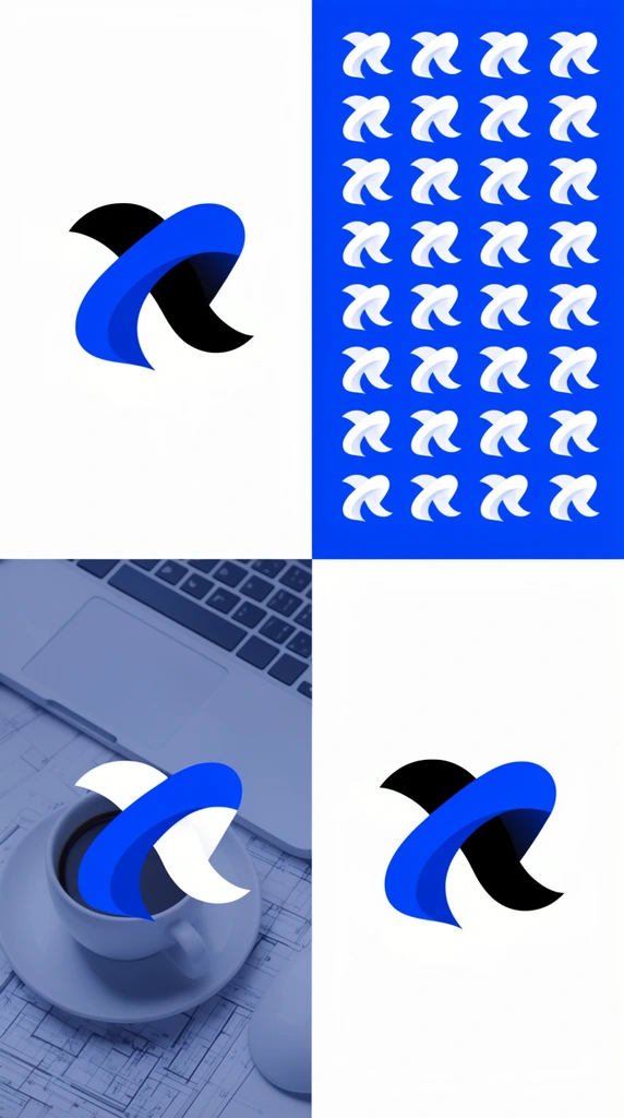 A four-quadrant layout showcasing an abstract, interlocking ribbon motif of a sweeping blue curve over a black base. Two stark white quadrants display the isolated graphic. The top-right features a seamless step-and-repeat pattern of white motifs on a flat blue background. The bottom-left overlays the blue and black graphic onto a cool-toned, top-down photograph of a desk with a white coffee cup, saucer, laptop keyboard, and blueprints.