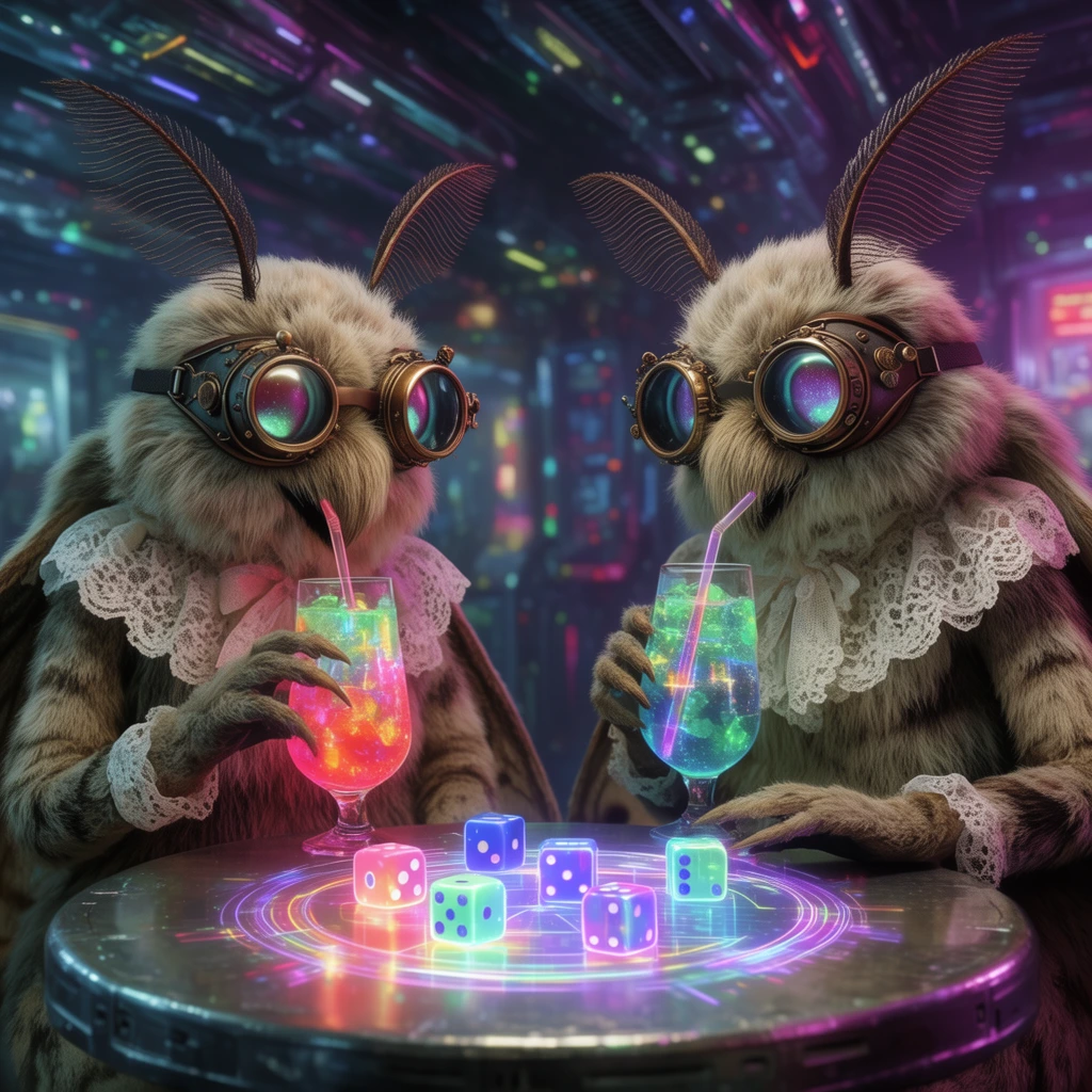 two fuzzy moth-monsters wearing steampunk goggles and lace collars, playing holographic dice at a metallic table, sipping neon drinks, futuristic space lounge, vibrant cyberpunk cinematic lighting
