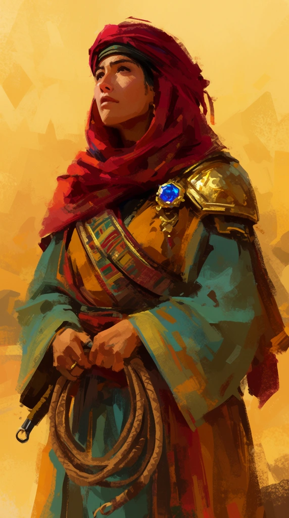 female desert nomad rendered in a rough digital painting style, crimson silk headscarf wrapping her head, face turned upward to the left, layered teal and ochre robes, heavy gold pauldron, wide woven sash across the chest pinned with a glowing sapphire brooch, hands gripping a coiled bullwhip, abstract warm yellow background, loose blocky brushstrokes, digital impasto technique, prominent painterly texture, warm golden lighting
