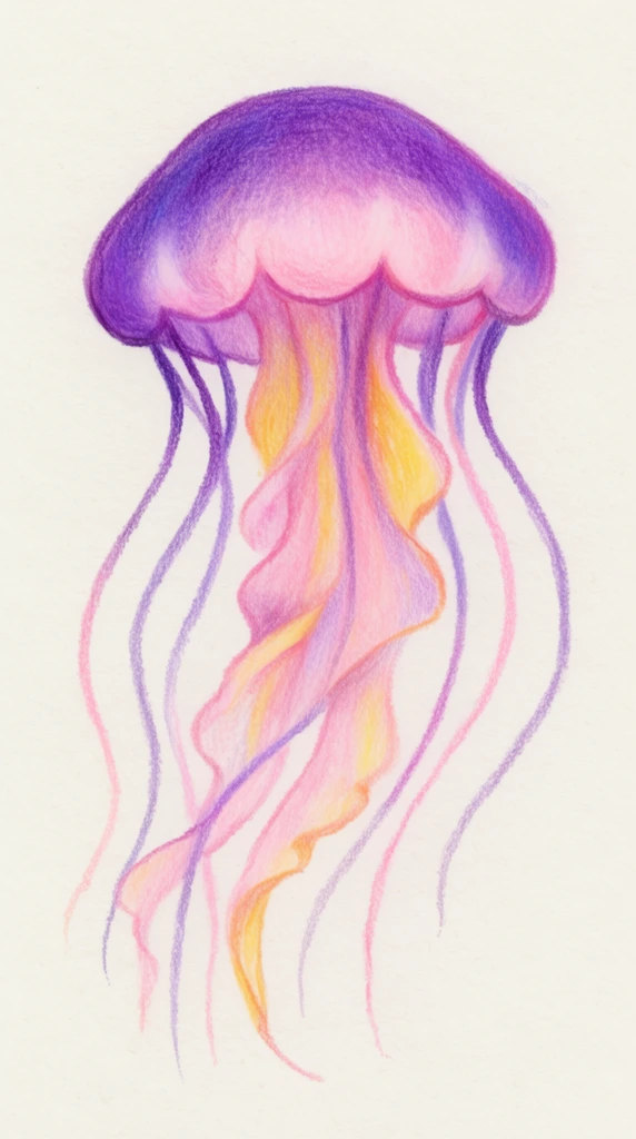 colored pencil illustration of a jellyfish on textured off-white paper, vibrant purple and soft pink scalloped bell, long flowing wavy tentacles in shades of purple pink and warm yellow, soft grainy pencil strokes, delicate line work, hand-drawn pastel aesthetic, central composition, isolated on plain background