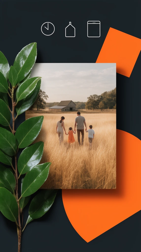 flat lay presentation, rectangular document, photo of a family walking in a golden field toward a barn, minimalist line icons, dark background, bold orange geometric shapes, a fresh branch with glossy green leaves overlapping the left edge, soft drop shadows