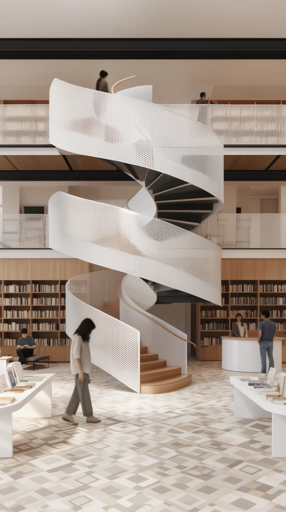 A modern library interior centered on a prominent spiral staircase with perforated white metal balustrades and wooden steps ascending to a mezzanine. The ground floor features a geometric patterned tile floor, warm wood bookshelves, and minimalist white display tables. Several figures occupy the bright space, reading, walking, and standing at a curved desk. The architectural rendering uses evenly diffused lighting, clean lines, and a neutral palette of white, natural wood, and black accents.