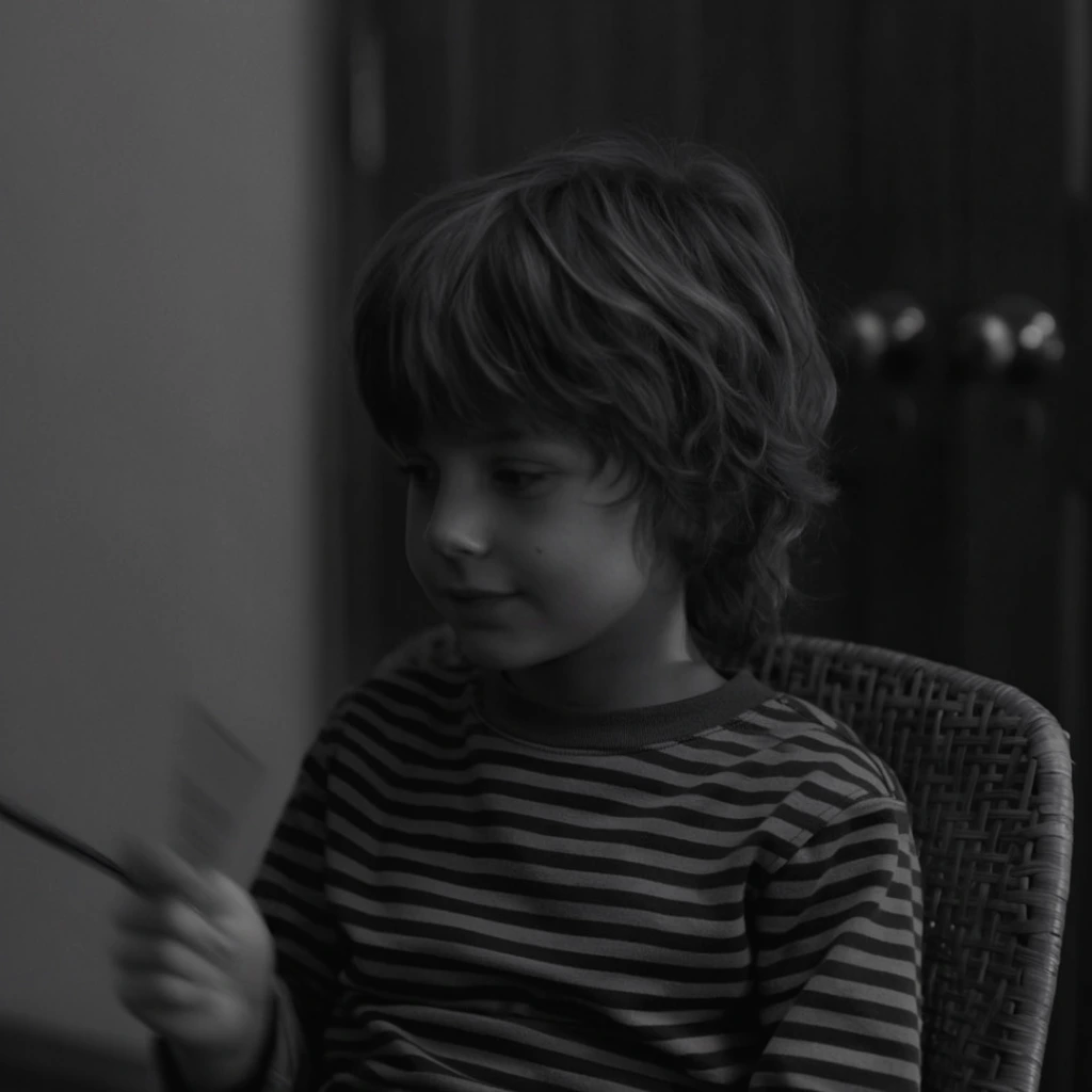A black and white cinematic medium close-up of a young boy with shaggy, wavy hair sitting in a woven wicker chair in a dimly lit room. The child wears a horizontally striped long-sleeve shirt and looks downwards to the left with a softly focused, calm expression. In the lower left frame, his hand is caught in rapid motion blur while holding a slender object. The atmospheric, low-key lighting softly illuminates the side of his face against deep shadows. The background features a shallow depth of field, revealing a plain wall and an out-of-focus dark wooden door with two round doorknobs.