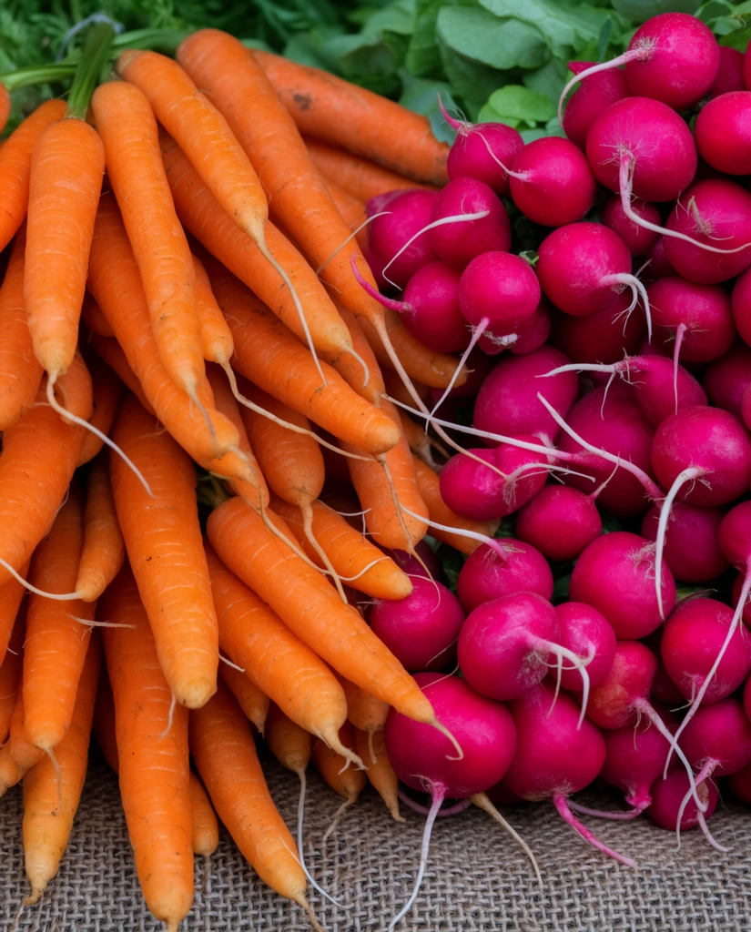 vibrant orange carrots piled tightly on the left, cluster of bulbous bright magenta radishes on the right, thin white taproots, subtle dirt specks on skin, fresh green leaves at the top edge, resting on woven brown burlap, close-up macro food photography, rich color contrast, natural daylight, sharp focus