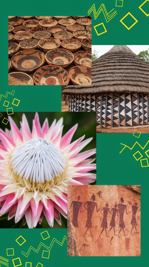 A dynamic visual montage on a solid emerald green background accented by scattered yellow linear geometric shapes like zigzags and hollow squares. Four distinct rectangular photographic panels are arranged asymmetrically. The upper left displays a dense arrangement of shallow, circular woven baskets with intricate concentric brown, tan, and black patterns. The upper right reveals a wide round structure with a layered, conical thatched roof and exterior walls painted with striking black and white triangular motifs. The lower left features a bright macro photograph of a large pink and white flower with pointed petals surrounding a textured, silvery-white domed center. The lower right panel shows ancient rock art on a reddish-tan stone surface, displaying stylized dark brown silhouettes of walking figures.