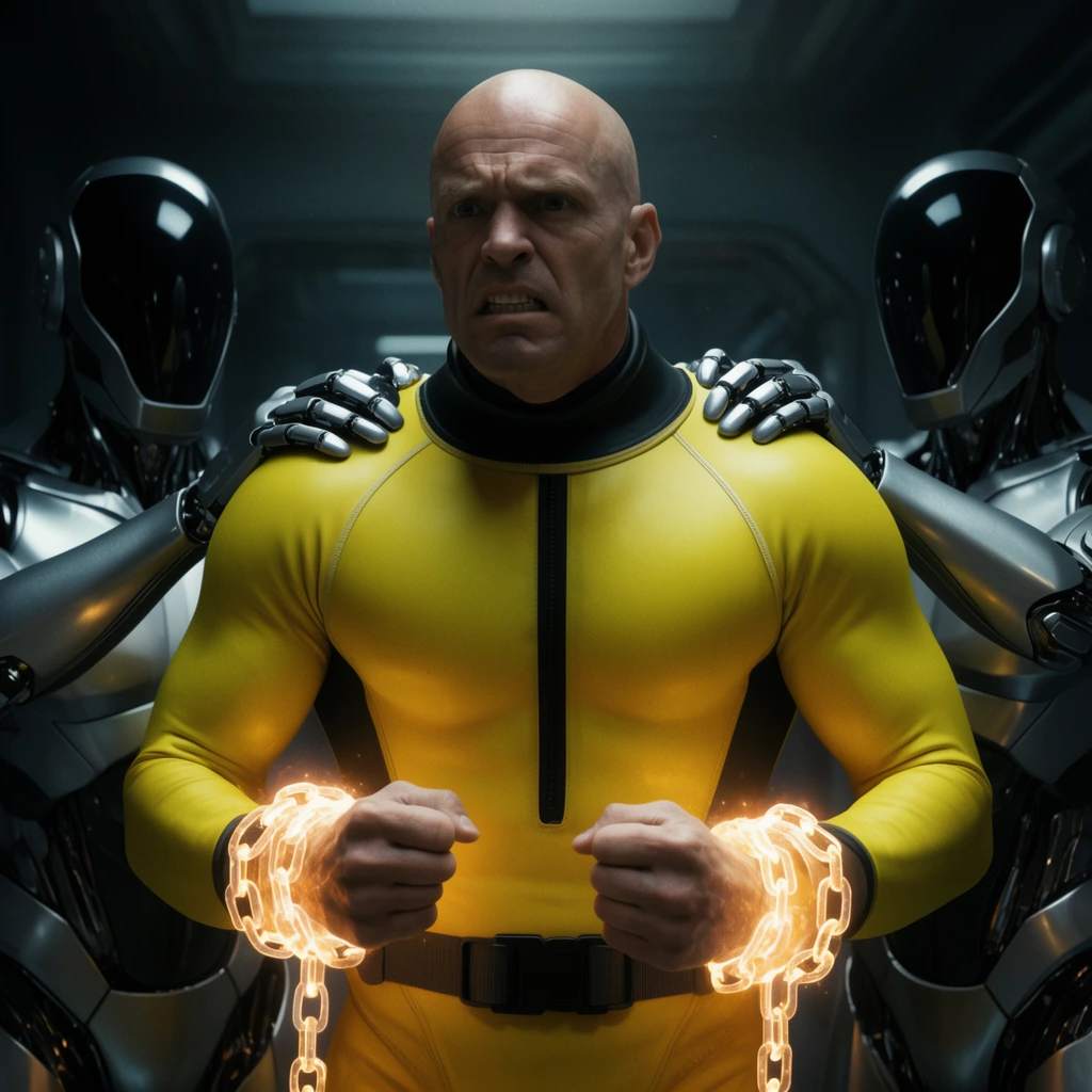 muscular bald man in bright yellow diving suit, hands bound by glowing energy chains, tense expression, escorted by two robotic guards in sleek silver armor with dark visors gripping his shoulders, dimly lit futuristic corridor, dramatic cinematic lighting, medium framing, high contrast