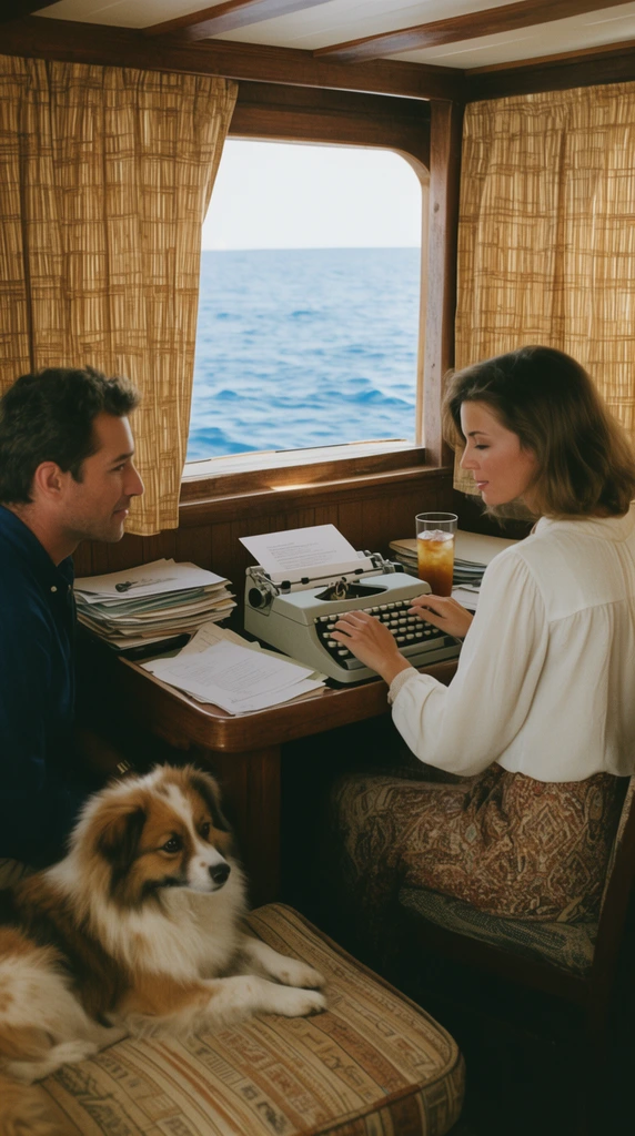 woman and man at a wooden desk inside a boat cabin, fluffy brown and white dog on a cushioned bench beside them, woman in a white blouse using a manual typewriter, man in a dark blue shirt looking at her, desk cluttered with papers and an iced drink, bamboo-patterned curtains, open window showing blue ocean, cinematic 35mm film, medium shot, warm lighting