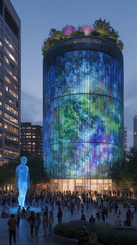 A twilight architectural rendering of a public plaza anchored by a prominent cylindrical building. Its glowing facade, visible through vertical slats, displays vibrant blue, green, and purple abstract patterns beneath a rooftop garden. A rectangular building with illuminated windows flanks the left. Crowds gather in the plaza around a glowing, semi-transparent blue human statue. Photorealistic 3D rendering with soft ambient evening lighting contrasting against vibrant structural illumination.