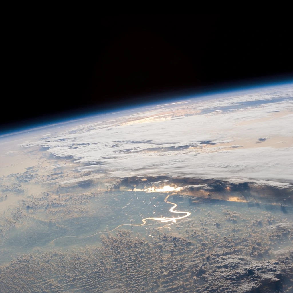 low Earth orbit view, striking diagonal horizon dividing pitch black space from the planet surface, vast textured white clouds, bright sunlight reflecting on a winding river, thin glowing blue atmospheric edge, orbital photography