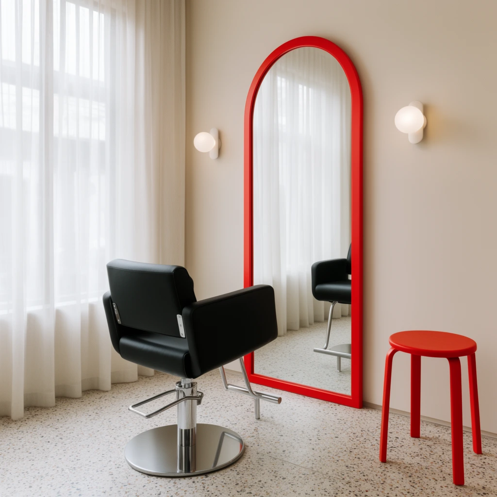 black leather salon chair on a round chrome base, tall arched mirror with a vibrant red frame, minimalist beige interior, sheer white window curtains filtering daylight, symmetrical wall sconces with spherical frosted bulbs, bright red stool in the right foreground, speckled terrazzo floor, clean geometric lines, high-key interior photography