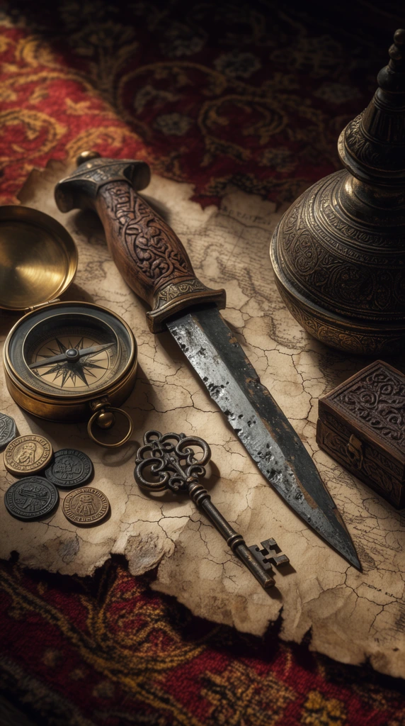 A weathered parchment map rests on a patterned red and gold rug, surrounded by antique artifacts bathed in dramatic, warm directional light. An ornate dagger with a carved wooden hilt and pitted blade lies beside a gleaming brass compass and an intricate skeleton key. Scattered stamped coins and a small carved box rest on the cracked paper. A heavy, intricately patterned bronze vessel anchors the right side. The photorealistic still-life composition features rich textures, deep chiaroscuro shadows, and a shallow depth of field emphasizing the worn metallic and woven materials.