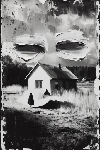 Distressed Monochrome Surrealism style reference image — experimental motion blur