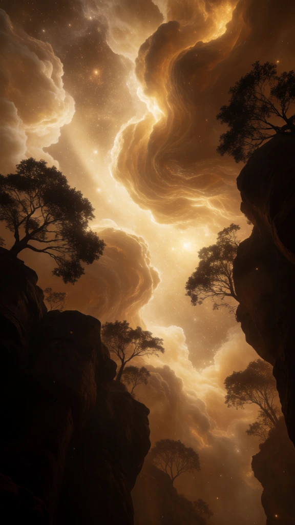 low-angle shot from a rocky canyon floor, silhouetted trees reaching toward a sky filled with a dense swirling nebula of glowing amber clouds and atmospheric stardust, thick volumetric haze, chiaroscuro lighting, deep obsidian shadows in the foreground, framing deciduous leaves along the top edge, ethereal magical realism, cinematic bloom, soft bokeh, warm amber and molten gold color palette, high-contrast dreamscape, fine particulate texture