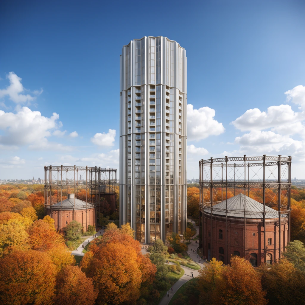 tall multi-faceted modern skyscraper, fluted exterior with vertical glass bays and balconies, open skeletal iron gasometer frame, two round red-brick historic gasometers with conical metal roofs, surrounding dense autumn forest with vibrant orange and yellow foliage, curved pedestrian pathways with tiny figures, distant city horizon, clear blue sky with fluffy white clouds, photorealistic architectural rendering, bright sunny daylight, elevated landscape perspective