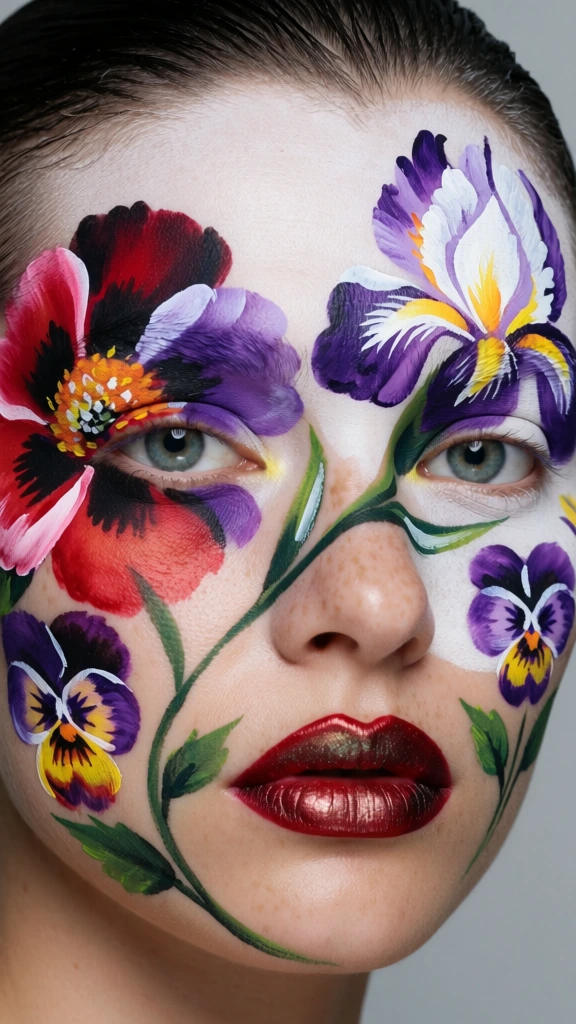 In this extreme close-up, a woman's face is transformed into a canvas with vibrant floral paintings applied over a matte white base. Her light green eyes gaze directly forward, with the right eye framed by a large purple, white, and yellow iris petal. On the left side of her face, a multi-colored flower in shades of red, purple, and black sits near the temple, while a smaller yellow and purple pansy is positioned on her lower cheek. A thin green stem with leaves extends from her chin upwards across the bridge of her nose. Her lips are painted in a glossy, deep red and are slightly parted. Her dark hair is slicked back and away from her face, exposing her ears. She wears a high-collared black garment with a thin white line visible at the neckline. The background is a flat, neutral gray, which emphasizes the high-contrast colors and the smooth texture of the face paint. The lighting is soft and even, highlighting the intricate brushwork of the painted flowers and the subtle reflections on her glossy lips. The composition is a centered, symmetrical headshot that focuses entirely on the intersection of portraiture and botanical art.